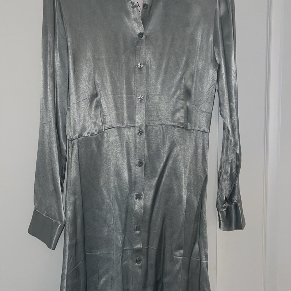 Stradivarius Metallic Mint Green/ Silver Long Sleeve Dress